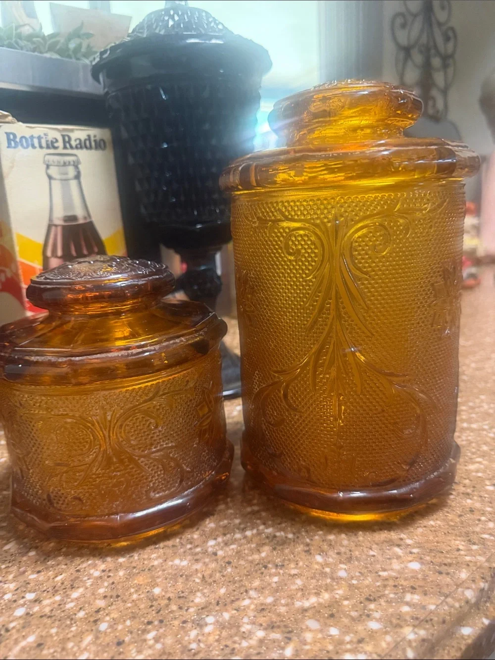 Vintage Tiara Indiana Glass Amber Sandwich Glass Canister Jar Set w/ Lids
